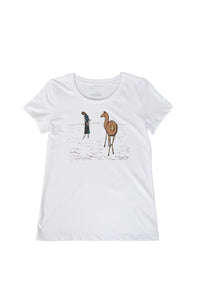 Damen T-Shirt „Lama und Mädchen" in weiß aus der Kollektion Werner Berg